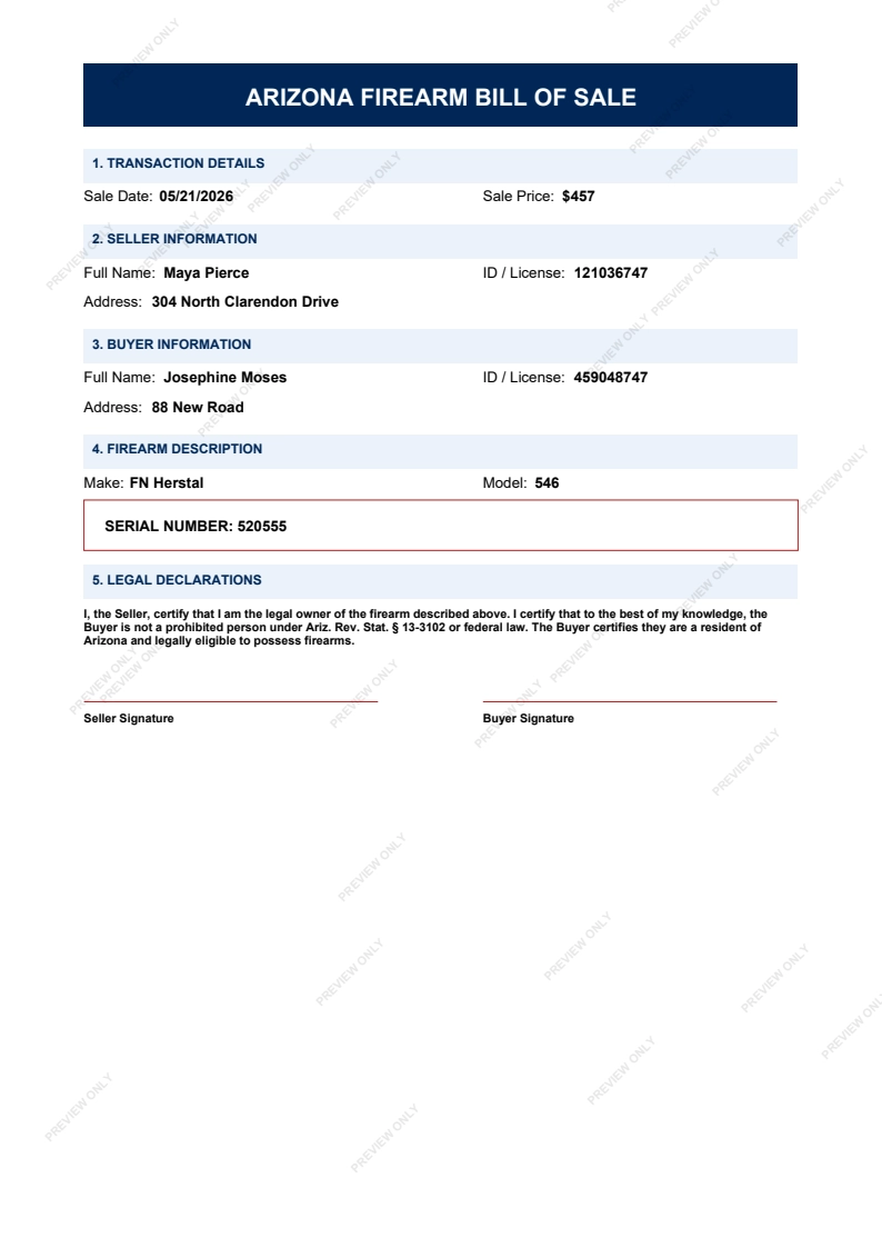 Printable Arizona Gun Bill of Sale form preview, 2026 compliant.