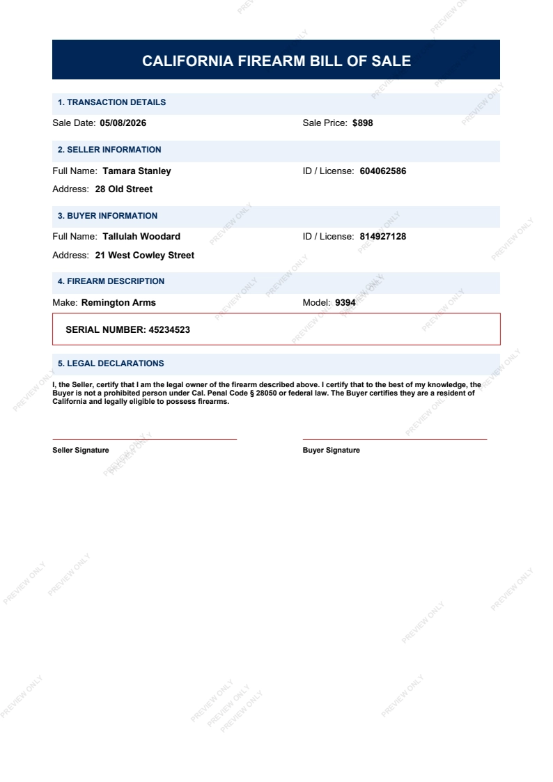 Printable California Gun Bill of Sale form preview, 2026 compliant.