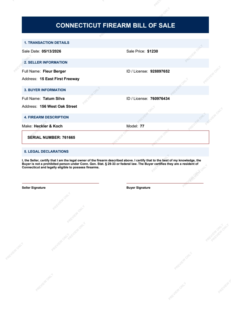 Printable Connecticut Gun Bill of Sale form preview, 2026 compliant.