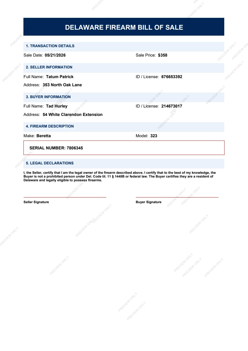 Printable Delaware Gun Bill of Sale form preview, 2026 compliant.