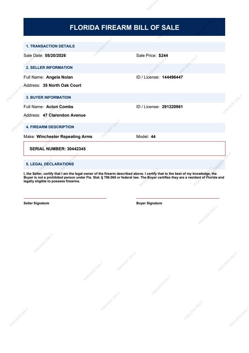 Printable Florida Gun Bill of Sale form preview, 2026 compliant.