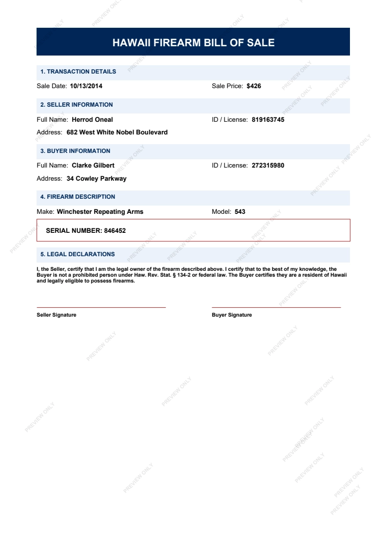 Printable Hawaii Gun Bill of Sale form preview, 2026 compliant.