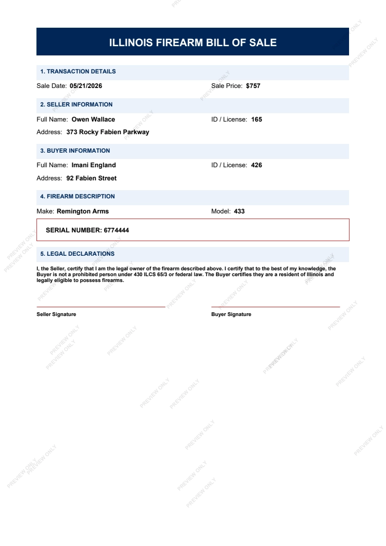 Printable Illinois Gun Bill of Sale form preview, 2026 compliant.