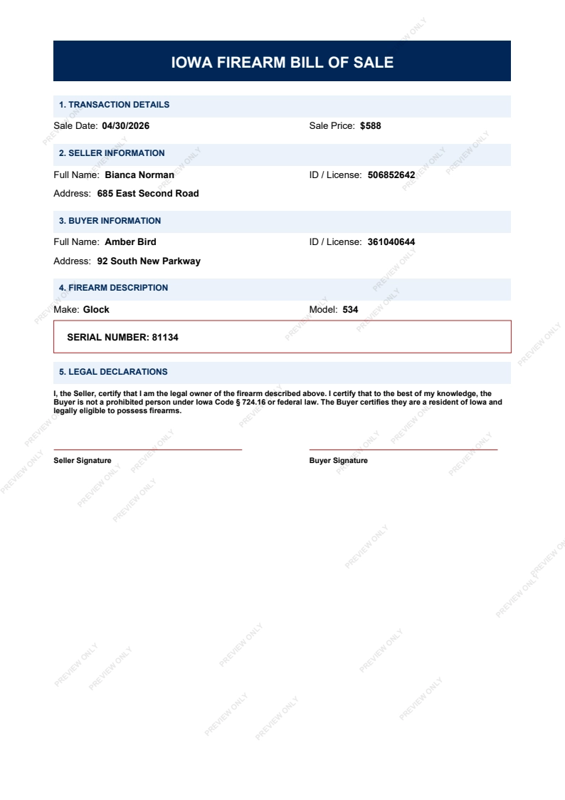 Printable Iowa Gun Bill of Sale form preview, 2026 compliant.