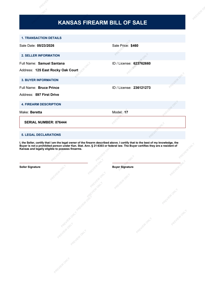 Printable Kansas Gun Bill of Sale form preview, 2026 compliant.