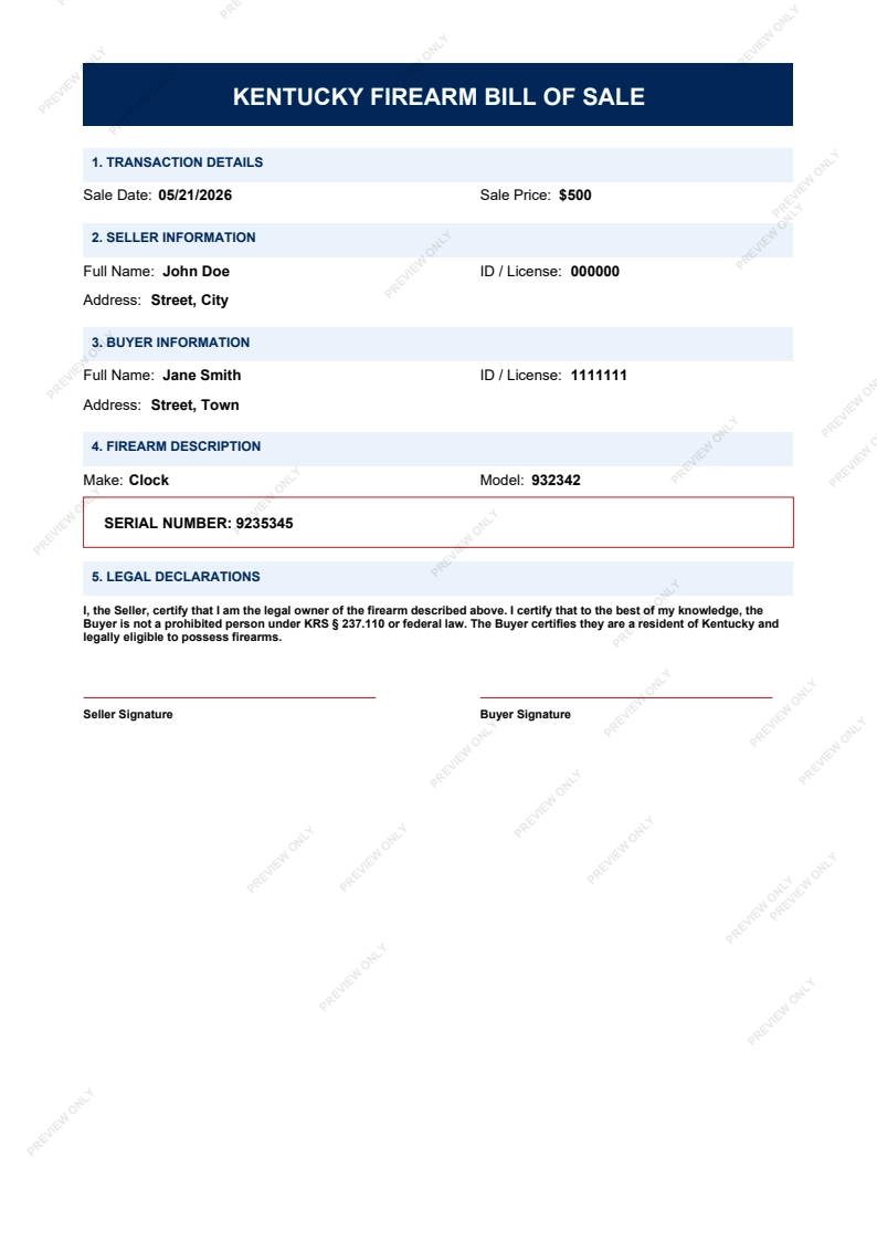 Printable Kentucky Gun Bill of Sale form preview, 2026 compliant.