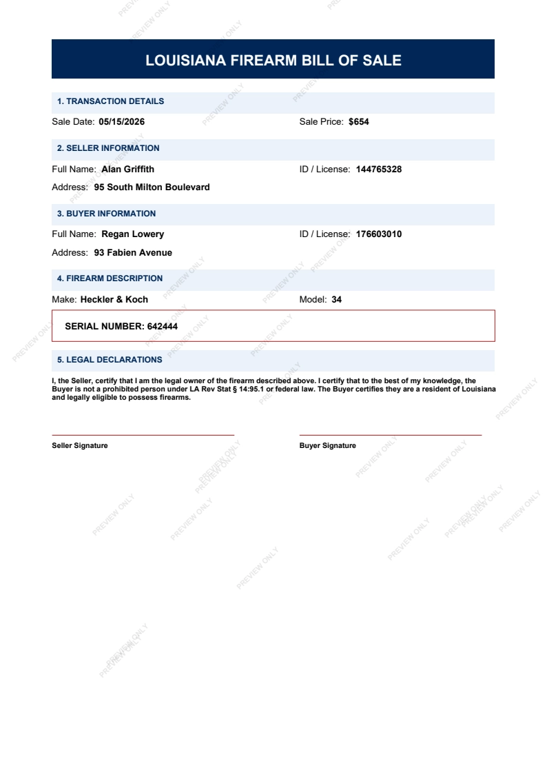 Printable Louisiana Gun Bill of Sale form preview, 2026 compliant.