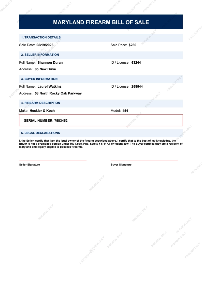 Printable Maryland Gun Bill of Sale form preview, 2026 compliant.