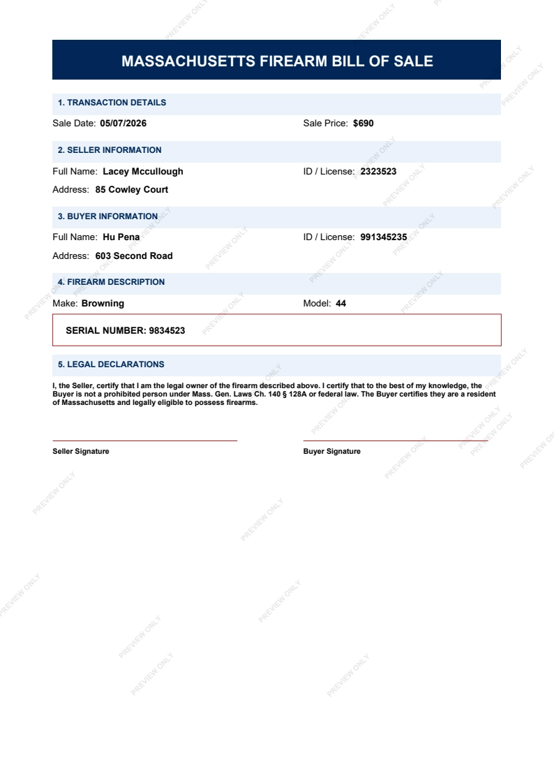 Printable Massachusetts Gun Bill of Sale form preview, 2026 compliant.