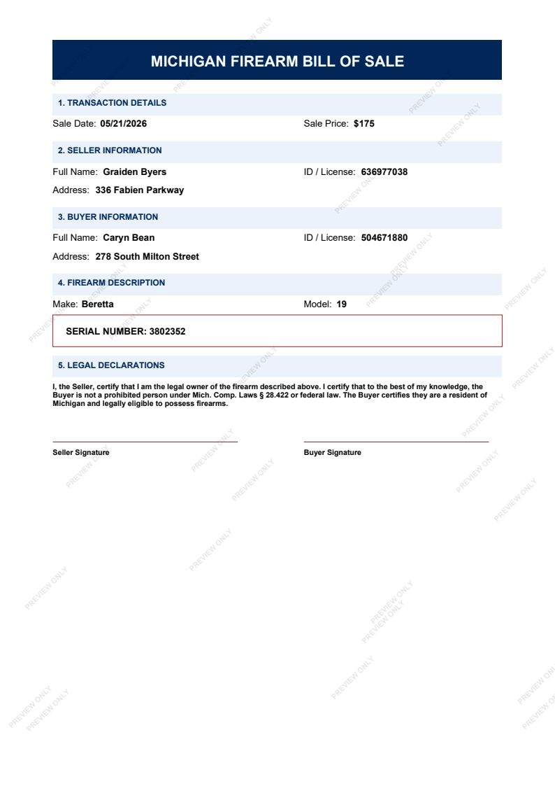 Printable Michigan Gun Bill of Sale form preview, 2026 compliant.