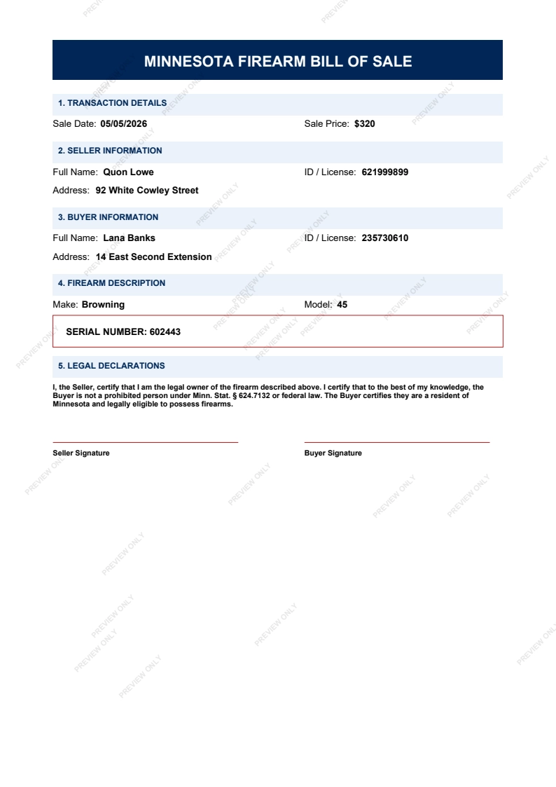 Printable Minnesota Gun Bill of Sale form preview, 2026 compliant.