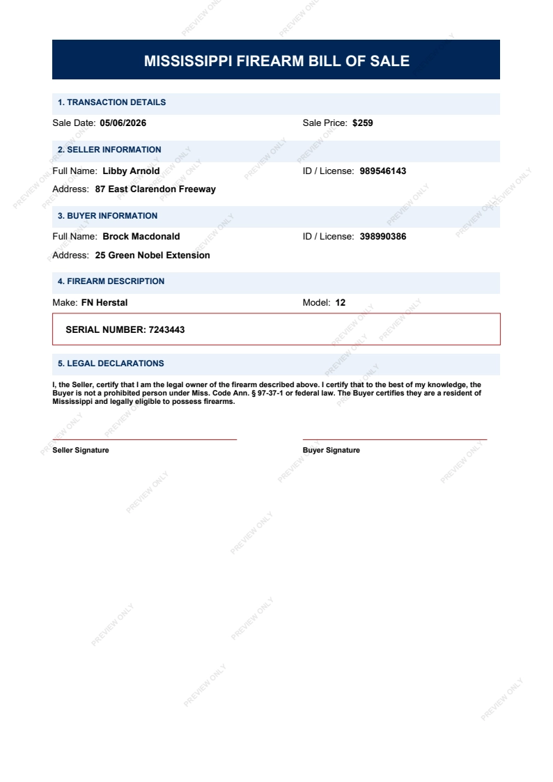Printable Mississippi Gun Bill of Sale form preview, 2026 compliant.