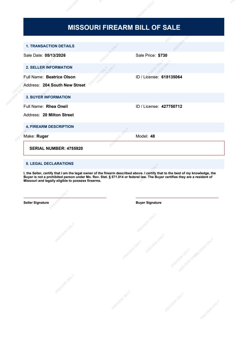Printable Missouri Gun Bill of Sale form preview, 2026 compliant.