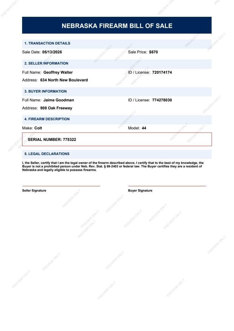 Printable Nebraska Gun Bill of Sale form preview, 2026 compliant.