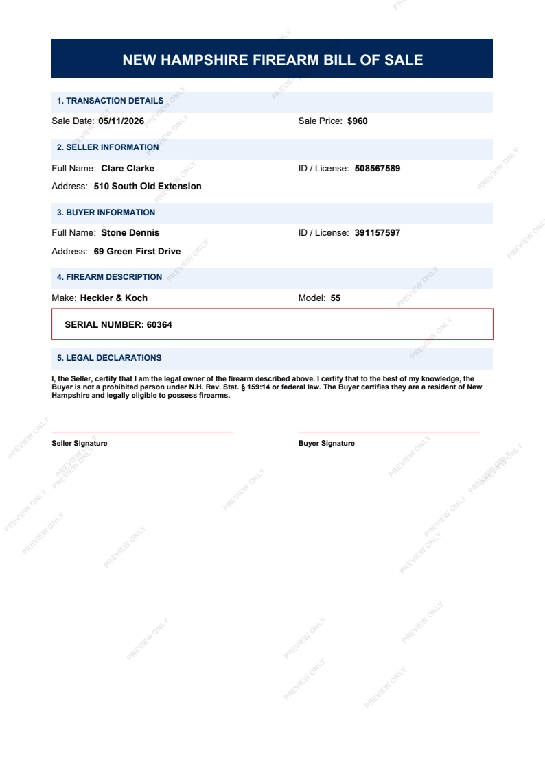 Printable New Hampshire Gun Bill of Sale form preview, 2026 compliant.