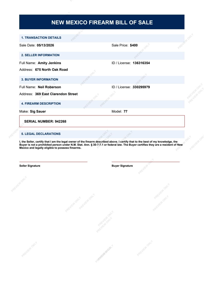 Printable New Mexico Gun Bill of Sale form preview, 2026 compliant.