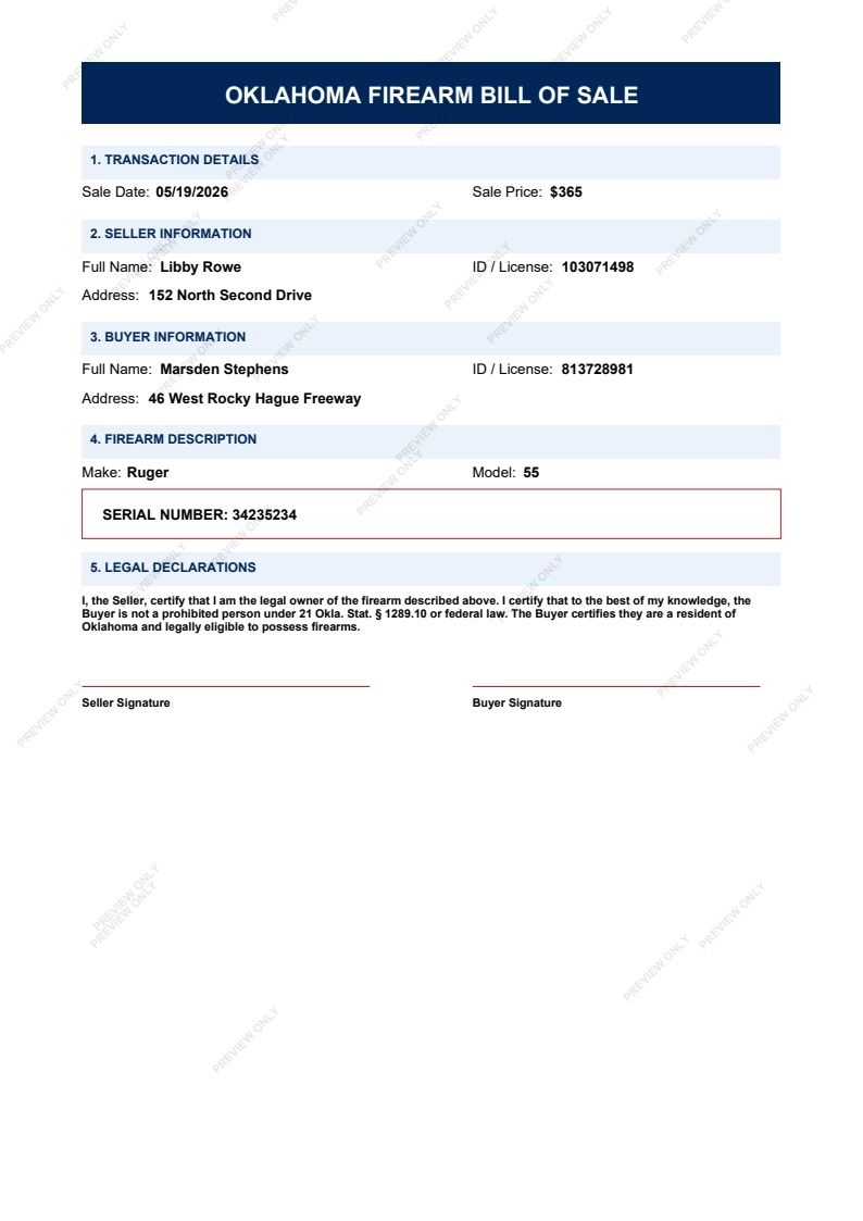 Printable Oklahoma Gun Bill of Sale form preview, 2026 compliant.