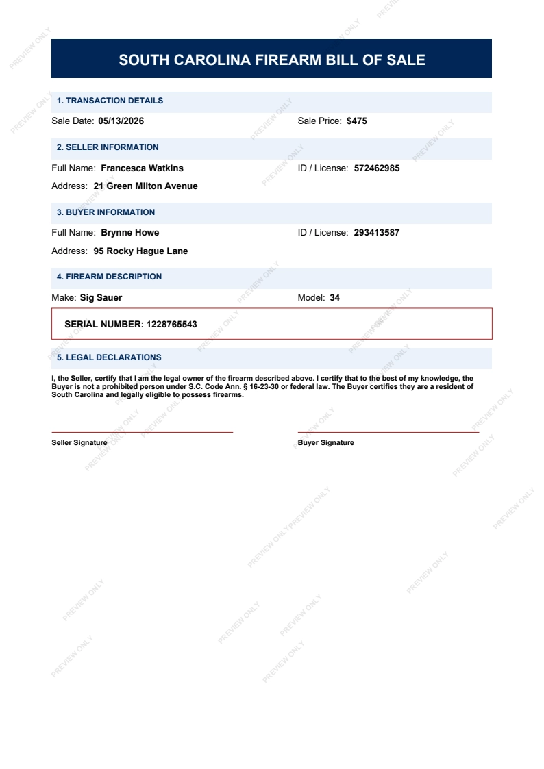 Printable South Carolina Gun Bill of Sale form preview, 2026 compliant.