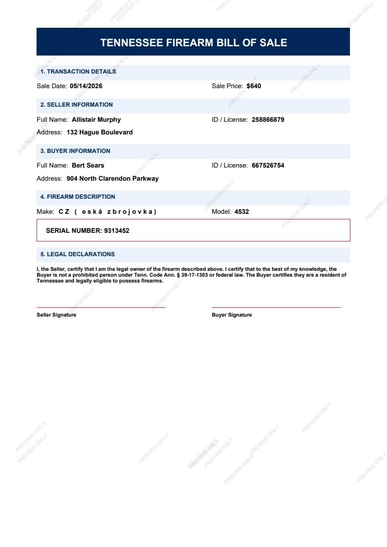 Printable Tennessee Gun Bill of Sale form preview, 2026 compliant.