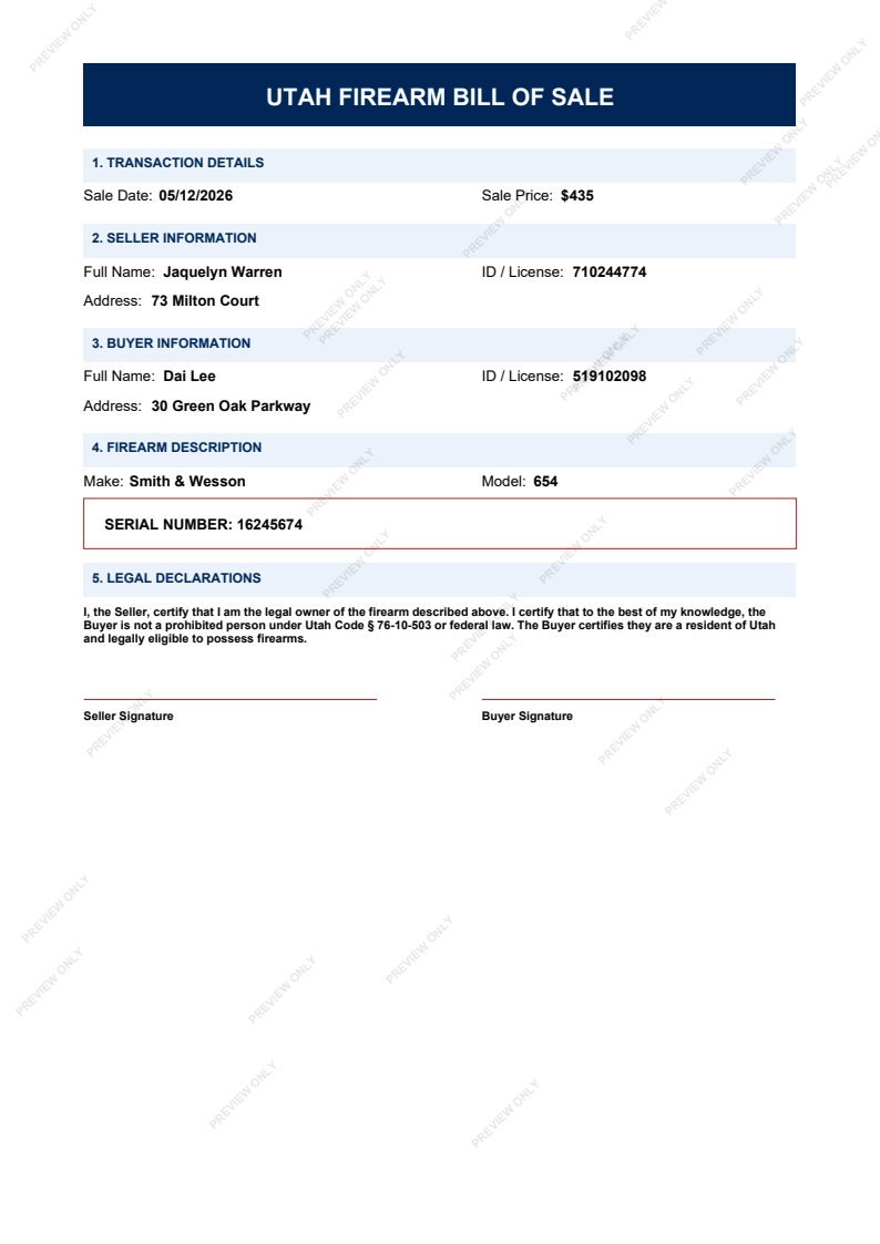 Printable Utah Gun Bill of Sale form preview, 2026 compliant.