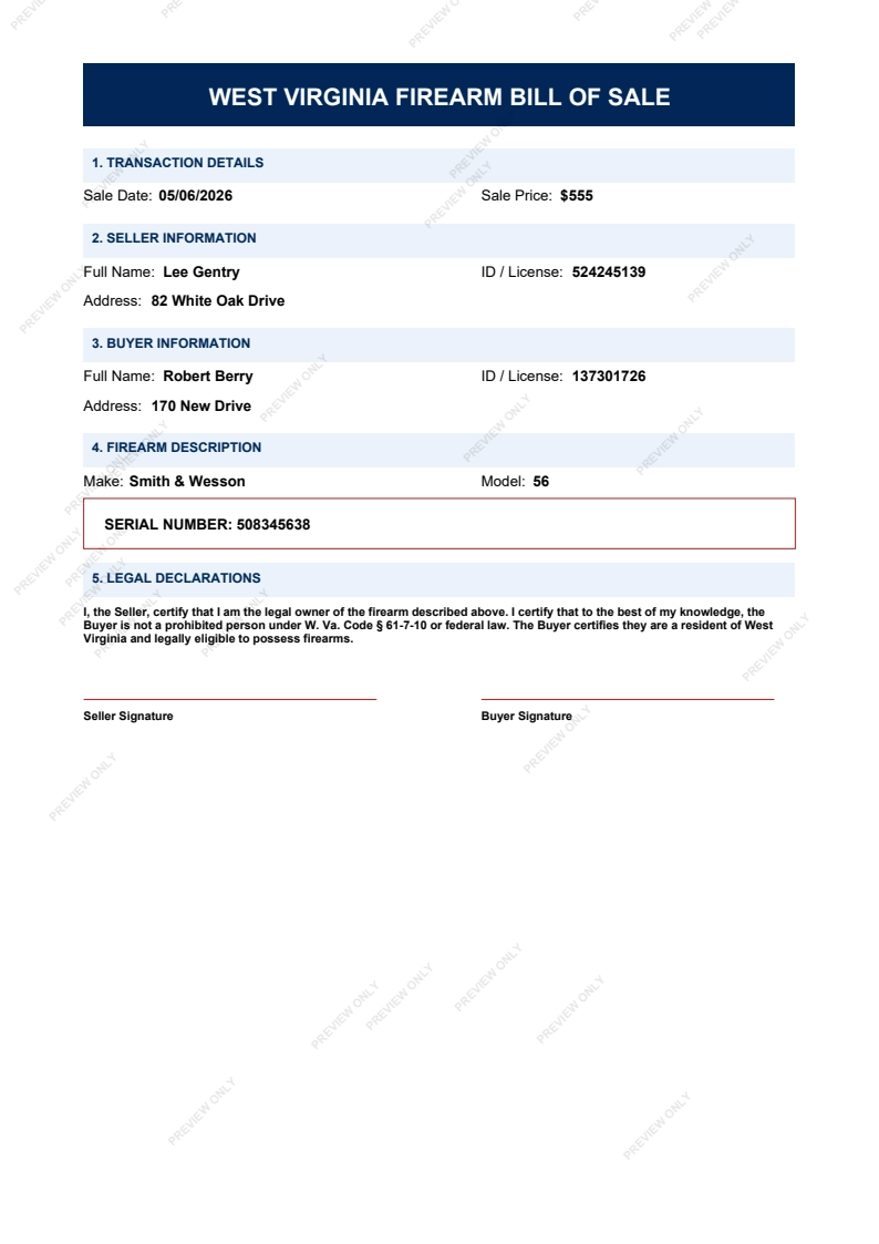 Printable West Virginia Gun Bill of Sale form preview, 2026 compliant.