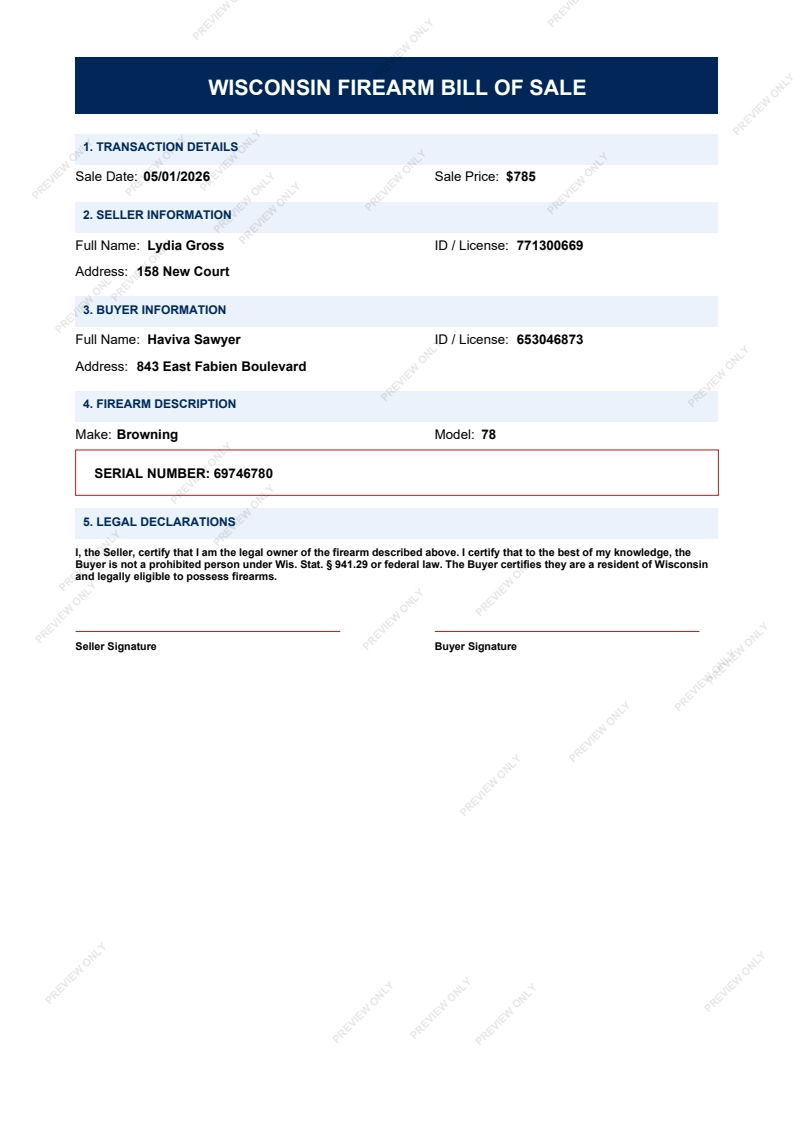 Printable Wisconsin Gun Bill of Sale form preview, 2026 compliant.